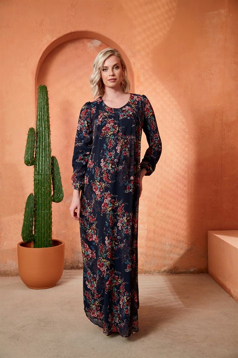 Gör&Sin Çiçek Detaylı Uzun Hamile Lacivert Elbise