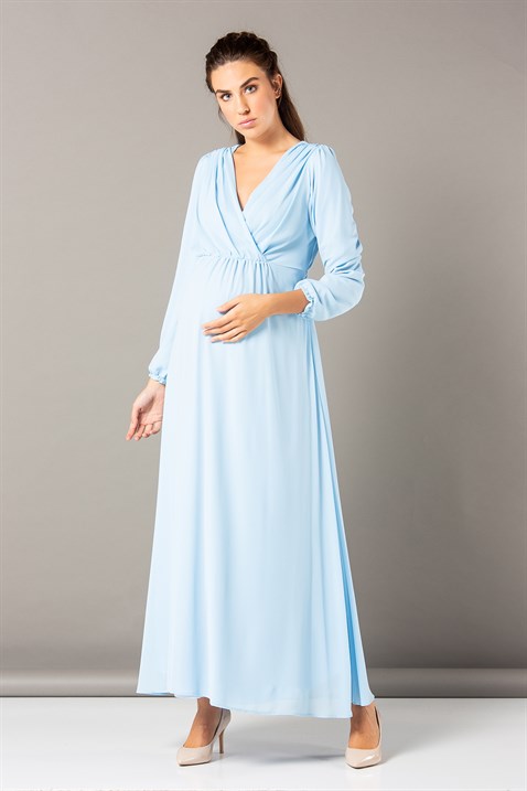 Gör&Sin BabyShower Hamile Uzun Kollu Şifon Elbise Bebe Mavi