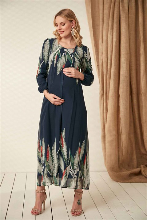 Gör&Sin Çiçek Desenli Uzun Kol Hamile Şifon Elbise Lacivert