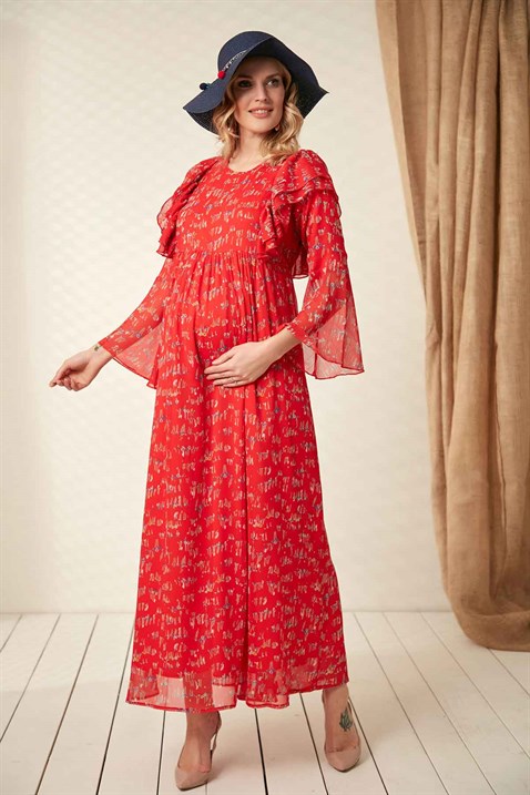 Gör&Sin Desenli Uzun Hamile Kırmızı Elbise