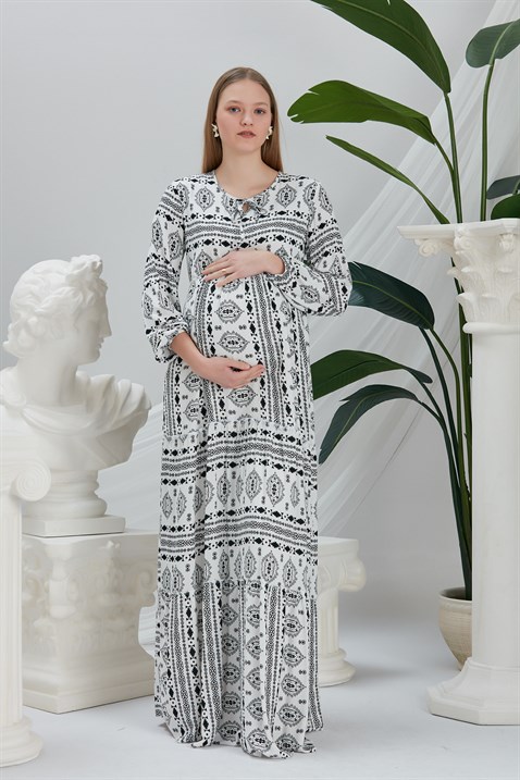 Gör&Sin Desenli Yaka Detaylı Beyaz Hamile Elbise