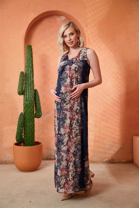 Gör&Sin Çiçek Detaylı Lacivert  Hamile Elbise