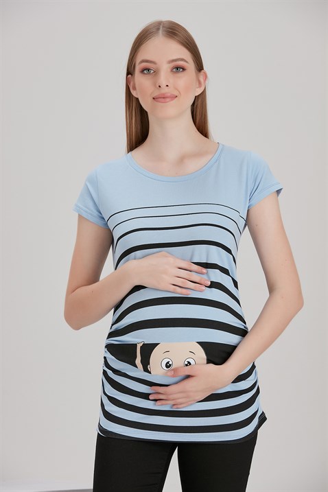 Gör&Sin Pencereden Bakan Bebek Baskılı Hamile Tişörtü Mavi