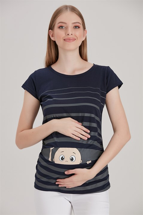 Gör&Sin Pencereden Bakan Bebek Baskılı Hamile Tişörtü Lacivert