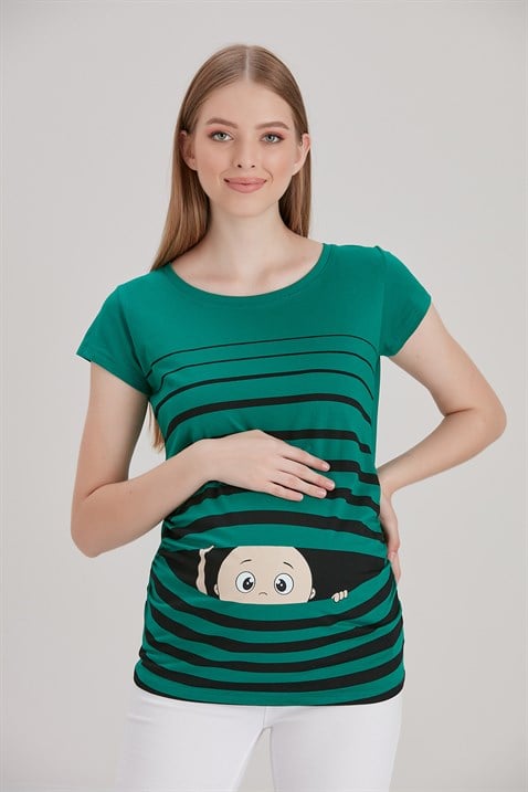 Gör&Sin Pencereden Bakan Bebek Baskılı Yeşil Hamile Tişört