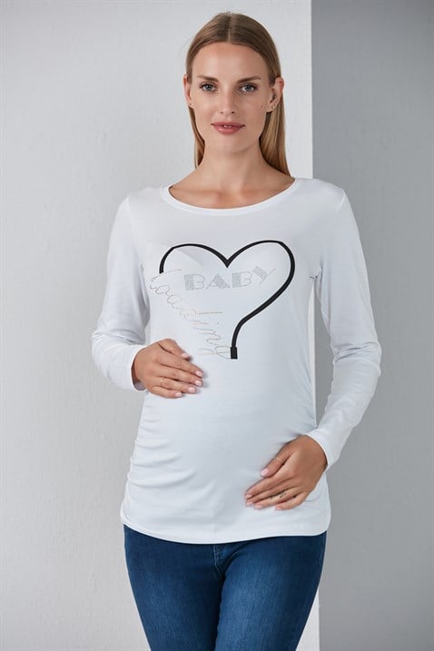 Gör&Sin Taş İşlemeli Hamile Beyaz Tişört