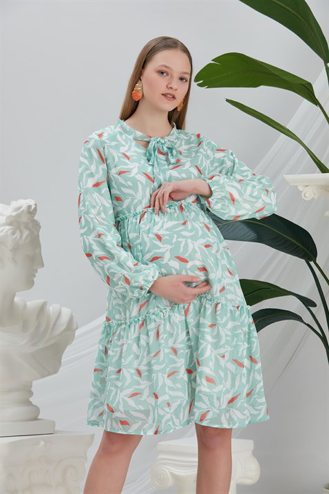 Gör&Sin Yaka Bağcık Detaylı Mint Hamile Elbise