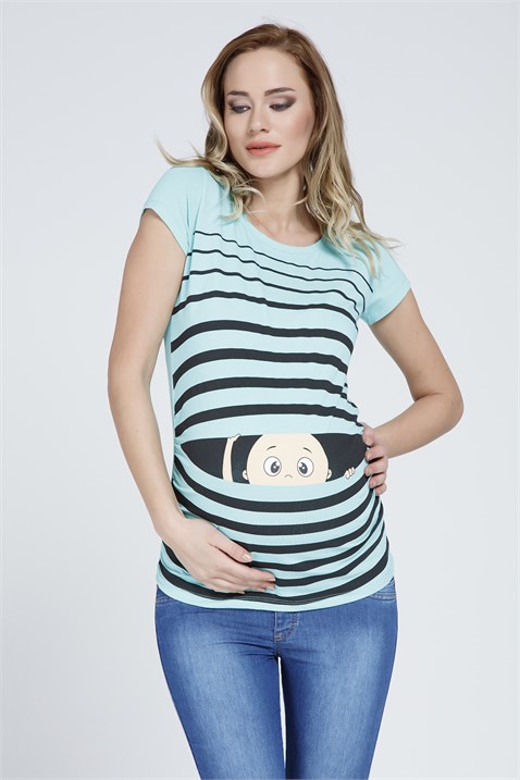 Gör&Sin Pencereden bakan bebek baskılı hamile tişörtü mint