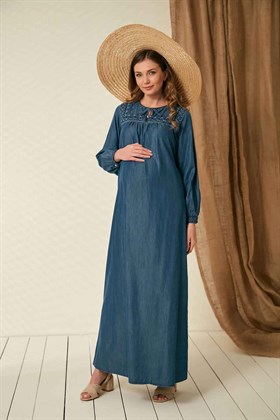 Gör&Sin Uzun Yaka Detaylı Hamile Kim Mavi Elbise