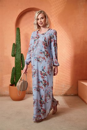Gör&Sin Çiçek Detaylı Uzun Hamile Mavi  Elbise