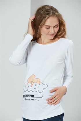 Gör&Sin Baby Baskılı Uzun Kol Beyaz Hamile Tişört