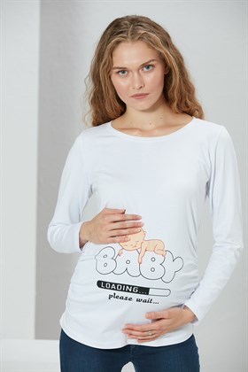 Gör&Sin Baby Baskılı Uzun Kol Beyaz Hamile Tişört