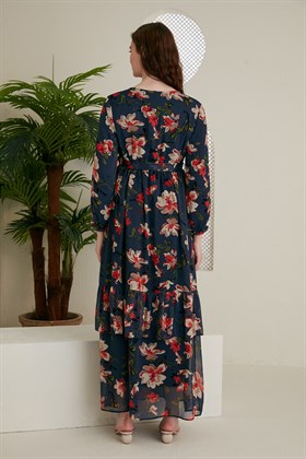 Gör&Sin Bel Bağcık Detaylı Çiçek Desenli Lacivert Hamile Elbise