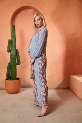 Gör&Sin Çiçek Desenli Hamile Bebe Mavi Şifon Elbise