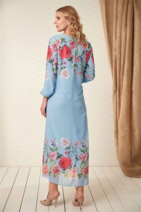 Gör&Sin Çiçek Desenli Hamile Şifon Elbise Mavi