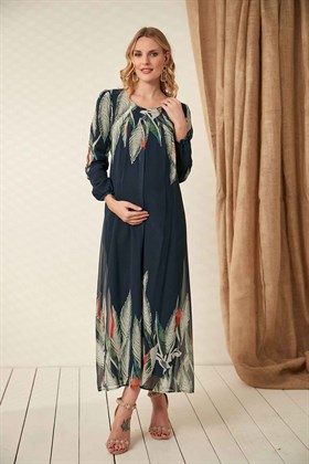 Gör&Sin Çiçek Desenli Uzun Kol Hamile Şifon Elbise Lacivert