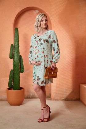 Gör&Sin Çiçek Desenli Uzun Kol Hamile Şifon Mint Elbise