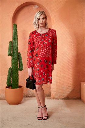Gör&Sin Çiçek Desenli Uzun Kol Hamile Şifon Kırmızı Elbise