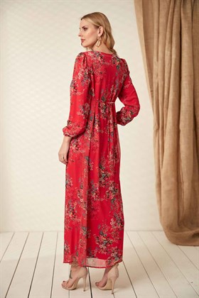 Gör&Sin Çiçek Detaylı Uzun Hamile Fuşya Elbise