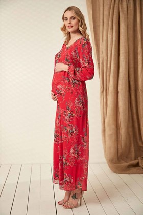 Gör&Sin Çiçek Detaylı Uzun Hamile Fuşya Elbise