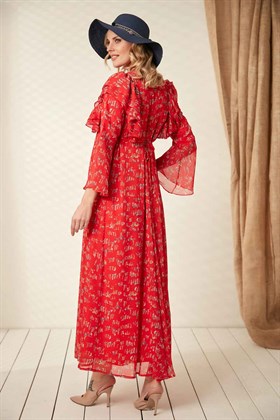 Gör&Sin Desenli Uzun Hamile Kırmızı Elbise
