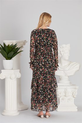 Gör&Sin Fırfır Detaylı Çiçek Desenli Siyah Hamile Elbise