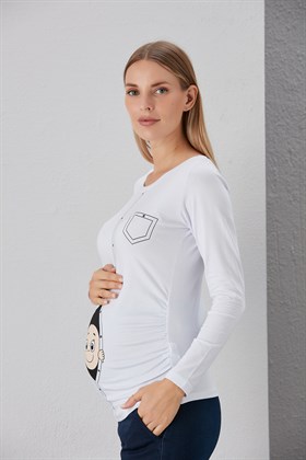 Gör&Sin Hırkadan Çıkan Bebek Baskılı Beyaz Hamile Tişört