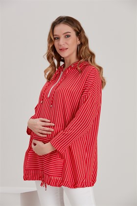 Gör&Sin Kapşonlu Çizgili Kırmızı Hamile Tunik