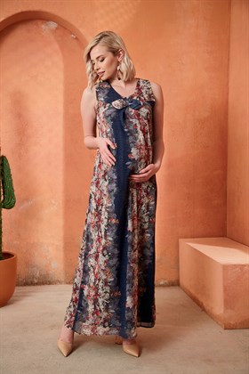 Gör&Sin Lacivert Çiçek Detay Hamile Elbise