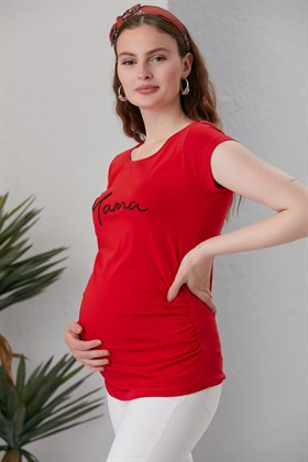Gör&Sin Nakış Detaylı Kırmızı Hamile Tişört