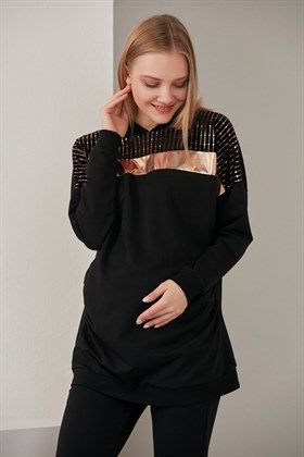 Gör&Sin Omuz Bronz Varak Detaylı Hamile Siyah Sweatshirt