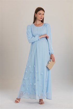Gör&Sin Omuz ve Eteği Çiçekli Mavi Hamile BabyShower Elbise