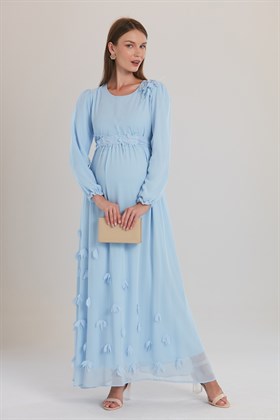 Gör&Sin Omuz ve Eteği Çiçekli Mavi Hamile BabyShower Elbise