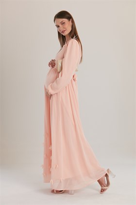 Gör&Sin Omuz ve Eteği Çiçekli Pudra Hamile BabyShower Elbise