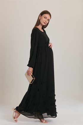 Gör&Sin Omuz ve Eteği Çiçekli Siyah Hamile BabyShower Elbise
