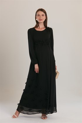 Gör&Sin Omuz ve Eteği Çiçekli Siyah Hamile BabyShower Elbise