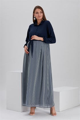 Gör&Sin Ön Bağcık Detaylı Çizgili Hamile Lacivert Şifon Elbise
