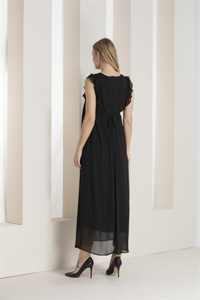 Gör&Sin Ön Fırfırlı Şifon Hamile Elbise Siyah