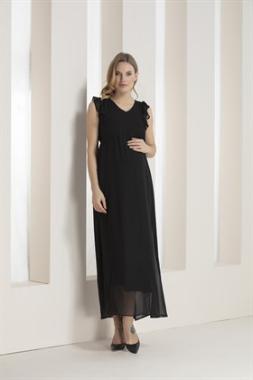 Gör&Sin Ön Fırfırlı Şifon Hamile Elbise Siyah