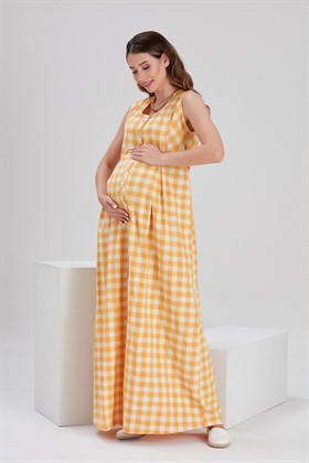 Gör&Sin Uzun Sarı Hamile Ekose Elbise