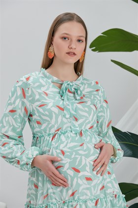 Gör&Sin Yaka Bağcık Detaylı Mint Hamile Elbise