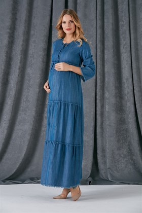 Gör&Sin Yaka Bağcık Detaylı Püsküllü Hamile Mavi Elbise