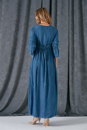 Gör&Sin Yaka Bağcık Detaylı Püsküllü Hamile Mavi Elbise