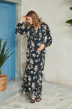 Gör&Sin Yaka Detaylı Çiçek Desenli Şifon Lacivert Hamile Elbise