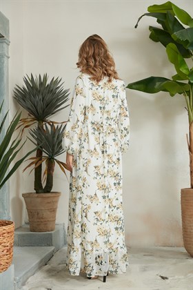 Gör&Sin Yaka Detaylı Çiçek Desenli Şifon Hardalt Hamile Elbise