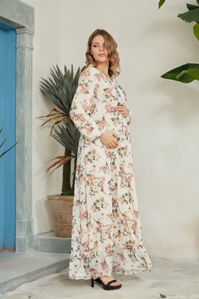 Gör&Sin Yaka Detaylı Çiçek Desenli Şifon Tarçın Hamile Elbise