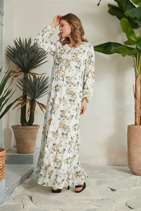 Gör&Sin Yaka Detaylı Çiçek Desenli Şifon Hardalt Hamile Elbise