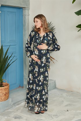 Gör&Sin Yaka Detaylı Çiçek Desenli Şifon Lacivert Hamile Elbise