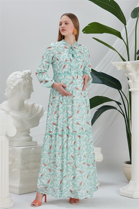 Gör&Sin Yaka Detaylı Desenli Hamile Mint Elbise
