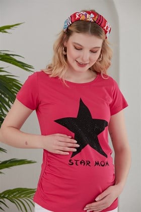 Gör&Sin Yıldız Üzeri Taş Baskı Detaylı Hamile Fuşya Tişört